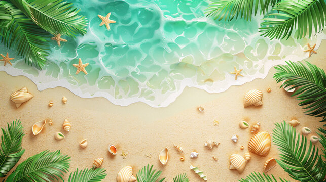 Summer horizontal illustration with copy space. Bird's eye view of the ocean island with sand and palm trees. Exotic tour vacation advertisement.