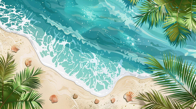 Summer horizontal illustration with copy space. Bird's eye view of the ocean island with sand water shells and palm trees. Exotic tour vacation advertisement