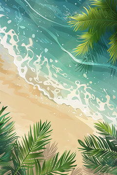 Vertical summer illustration with copy space. Bird's eye view of the ocean island with sand and palm trees. Exotic tour vacation advertisement