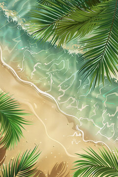 Summer vertical illustration with copy space for text. Bird's eye view of the ocean island with sand and palm trees. Exotic tour vacation advertisement