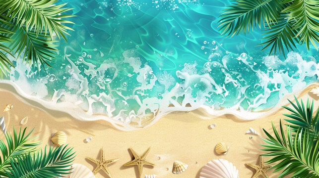 Horizontal summer illustration with copy space. Bird's eye view of the ocean island with sand and palm trees. Exotic tour vacation advertisement