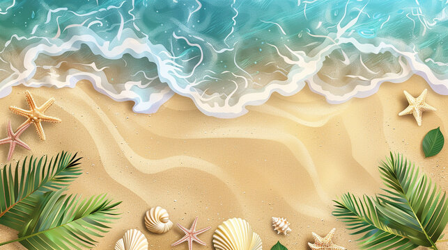Summer horizontal illustration with copy space. Bird's eye view of the ocean island with sand shells and palm trees. Exotic tour vacation advertisement