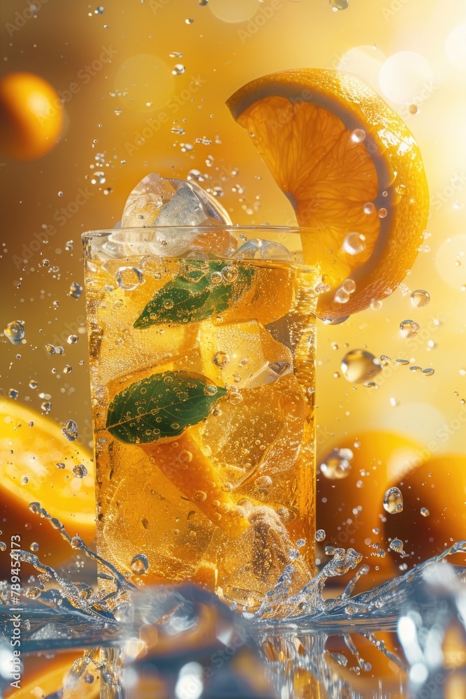 Poster a glass of lemonade with a slice of orange. perfect for summer drink menus