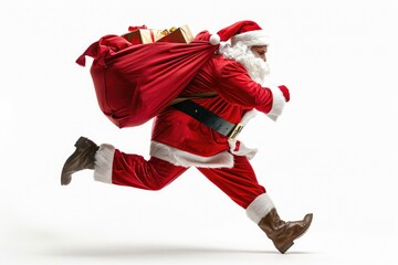 Santa Claus running with a bag of presents. Ideal for Christmas-themed designs