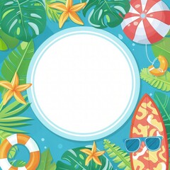 Obraz na płótnie Canvas Summer sale background with 3d flat white circle with a beach ball, sunglasses and life ring on a blue background with palm leaves and umbrella, 