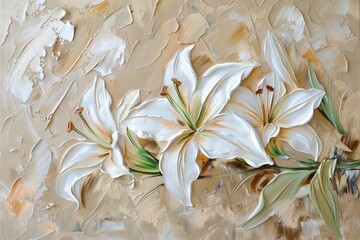 Oil painting with white lily flowers.