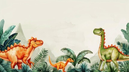 A painting of dinosaurs in a jungle, suitable for educational purposes