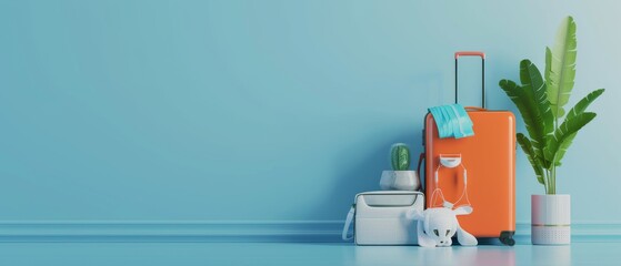 An orange suitcase with a face mask and travel accessories on a blue background. Image rendered in 3D.