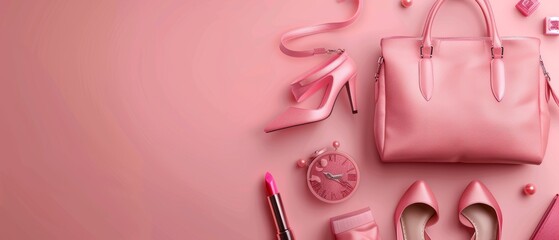 Shopping with a fashion accessories bag, high heels, lipstick, and a bag. 3d rendering of the scene.