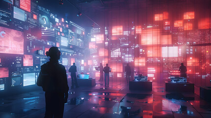 A high-tech photon display of figures and plots. with digital consoles radiating in the dusky setting