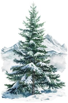 A beautiful watercolor painting of a pine tree covered in snow. Perfect for winter-themed designs
