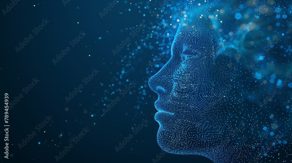 Poster artificial intelligence and neural network concept illustration using dots and particles to make a 3