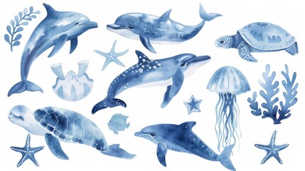 Colorful watercolor painting of dolphins and other sea creatures. Perfect for marine-themed designs