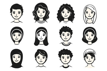 Set of doodle people faces black and white, minimalist avatars line drawing