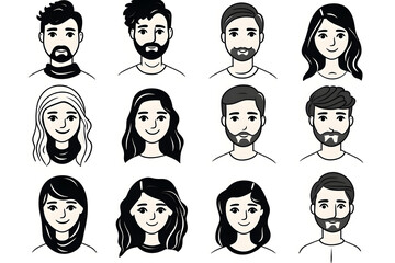 Set of doodle people faces black and white, minimalist avatars line drawing