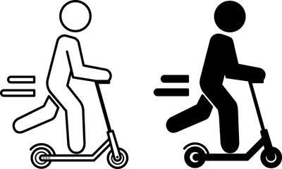 Kick Scooter icons. Black and White Vector Icons of a Man Riding a Kick Scooter. Transport Concept