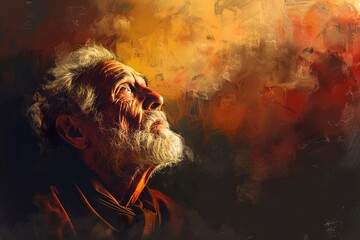 Portrait of biblical old man listening to God. - obrazy, fototapety, plakaty