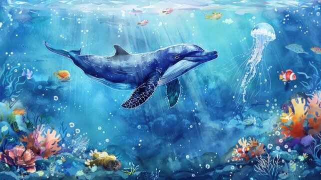 A beautiful painting of a dolphin swimming in the ocean. Perfect for marine life concepts