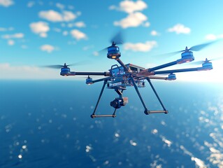 A large drone is flying over the ocean. The drone is equipped with a camera and is capturing footage of the water below. The sky is clear and the water is calm, creating a serene