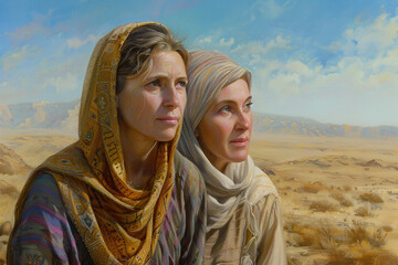 Ruth and Naomi in the desert, biblical characters. - obrazy, fototapety, plakaty