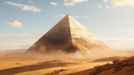 Foto op Canvas A large pyramid standing in the desert. with most of its structure covered by sand and only the tip visible. The covered part is depicted as smooth stone © Oleksandr