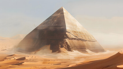 A large pyramid standing in the desert. with most of its structure covered by sand and only the tip visible. The covered part is depicted as smooth stone - obrazy, fototapety, plakaty