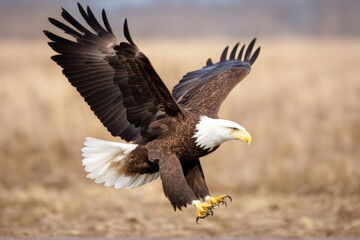 (Haliaeetus Eagle taking off Bald leucocephalus) feather america bird prey fly wing take-off symbol flying eye stern predator