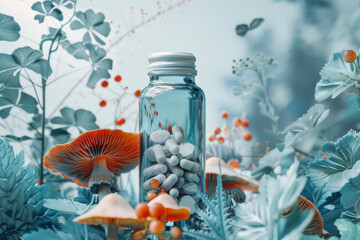 A bottle of dietary mushroom supplement capsules, surrounded by fresh mushrooms, different plants and flowers on a blue background. Natural and alternative medicine concept. - obrazy, fototapety, plakaty