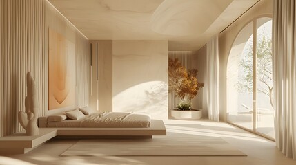 The bedroom is open and comfortable, soft bed, warm sunlight, minimalist style room Muji.