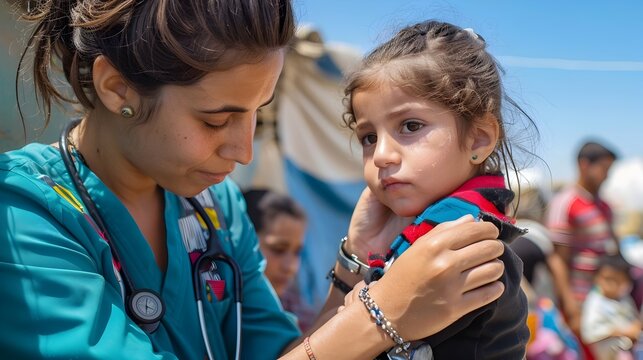 Compassionate Nurse Offering Solace to Child in Overwhelming Refugee Camp