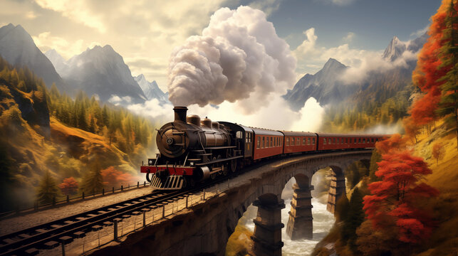 Old steam train on arched bridge in mountain