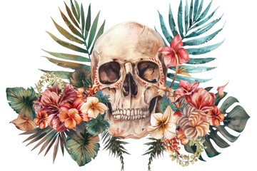 A beautiful watercolor painting of a skull surrounded by flowers, suitable for various artistic projects