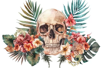 Tissu par mètre Crâne aquarelle A beautiful watercolor painting of a skull surrounded by flowers, suitable for various artistic projects