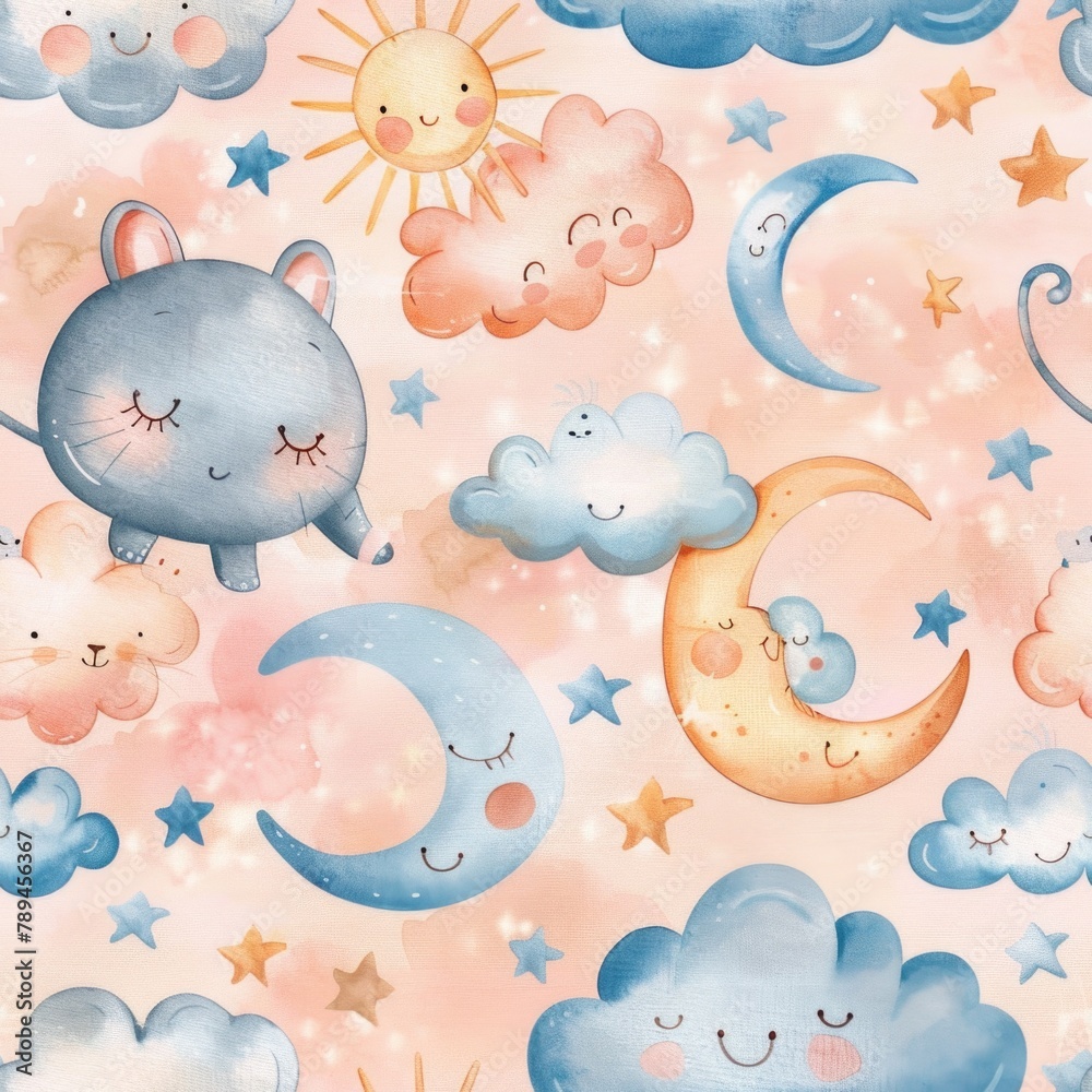 Poster a whimsical pattern featuring a cat, moon, clouds, and stars. ideal for backgrounds or textiles