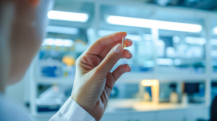 Close-up of a pharmacist's hand meticulously holding a capsule against a laboratory backdrop, Concept of healthcare, precision, and pharmaceuticals.