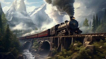 Old steam train on arched bridge in mountain - obrazy, fototapety, plakaty