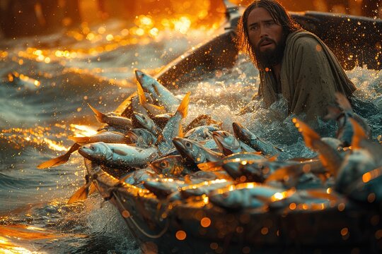 Peter's boat overflowing with fish, Bible story.