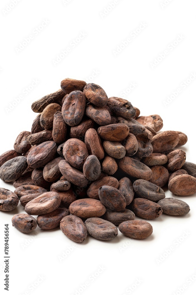Poster Fresh cocoa beans on a clean white background. Ideal for food and agriculture concepts