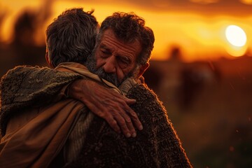 Father embracing his son, Bible story of the prodigal son.