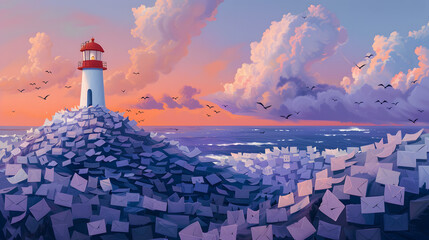A lighthouse stands firm on a boundless heap of emails. symbolizing the influence and allure of communication. The sky is lavender with silver linings - obrazy, fototapety, plakaty