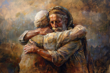 Father embracing his son, Bible story of the prodigal son. - obrazy, fototapety, plakaty