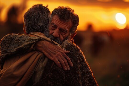 Father embracing his son, Bible story of the prodigal son.