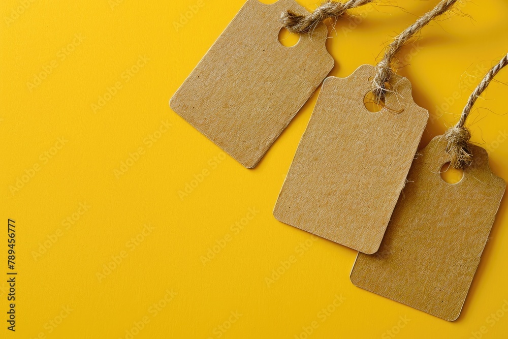 Aufkleber Three tags hanging from a string on a bright yellow background. Perfect for product labeling and promotions