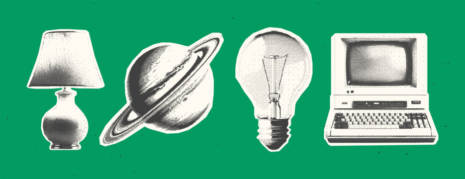 Trendy halftone collage set of clipped elements in colorful graphic style, includes desk lamp, planet, old computer, light bulb. Vintage retro elements. Dotted texture for poster art or social media.
