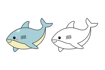 Hand drawn cute shark. Marine life animals. Coloring page template