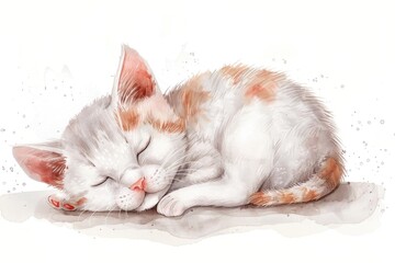 A peaceful watercolor painting of a cat sleeping on the ground. Suitable for pet lovers and animal enthusiasts