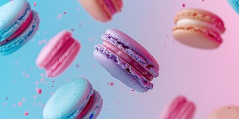 Macarons flying in the air, perfect for bakery promotions
