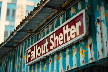 Weathered fallout shelter sign mounted on rusty wall