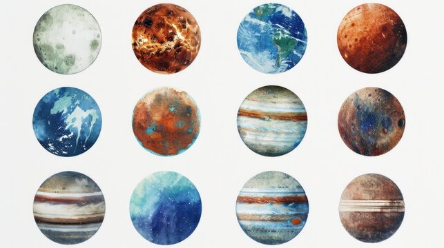 Nine planets painted in various vibrant colors. Suitable for educational or artistic projects
