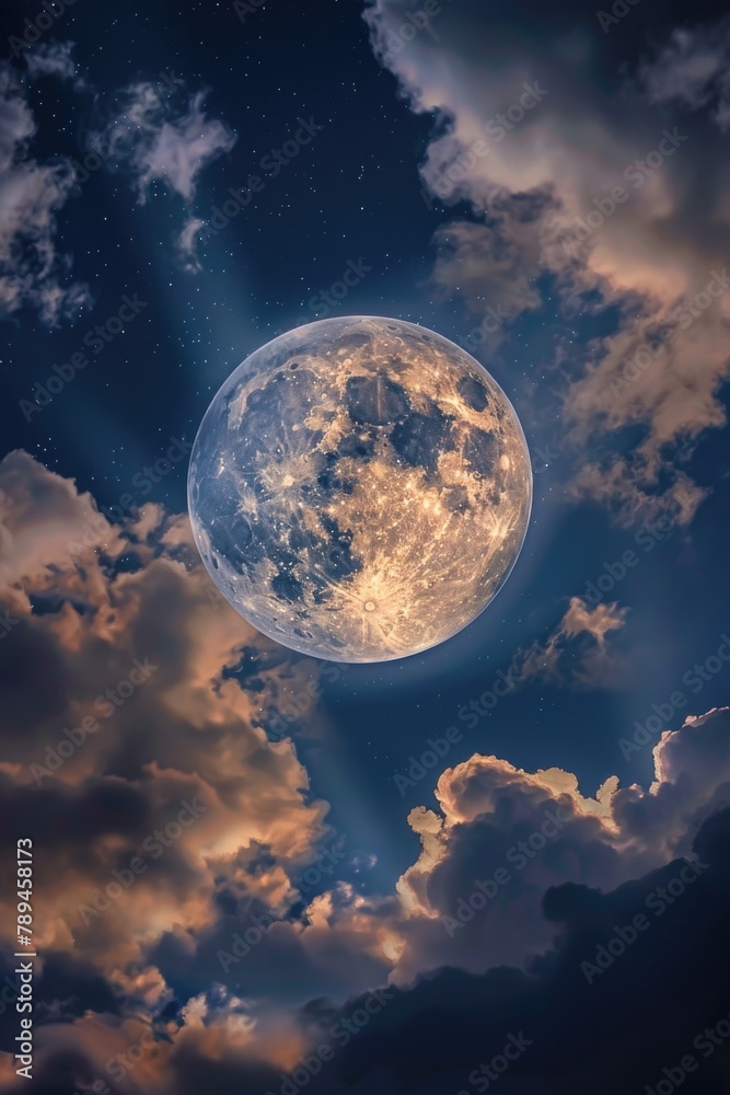 Poster a serene image of a full moon shining through the clouds. perfect for night sky or celestial themed 